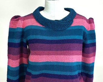 1980s Candy Stripe Puff Sleeve Sweater, Handknit, Crewneck, Ski Sweater, Rainbow Stripes