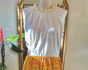 1970s the Vested Gentress "Rooster in the Coup" Maxi Dress, Hand-Screened Print, Fun Yellow Print Maxi
