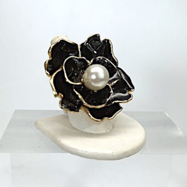 1970s Kenneth J Lane Statement Ring, Huge (KJL) Enamel & Pearl Cocktail Ring