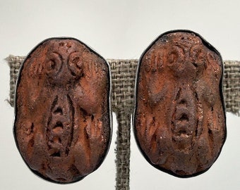 1940s Annette Nancarrow, Relic Clip Earrings, Repurposed Pre-Columbian, Ancient Carved Stone , Silver Setting