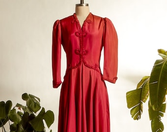 1940s Crimson Gown, Steampunk Dress, Soutache Detailing, Puff Sleeve, Costume or Project Dress, Gothic / Edwardian Styling
