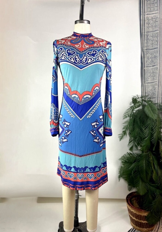 1970s Leonard Fashions Paris Blue Portico Dress