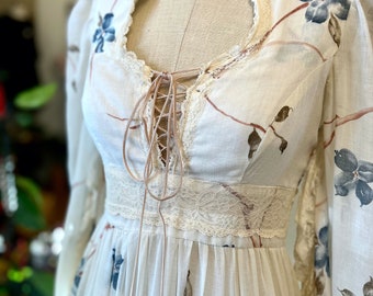 1970s Gunne Sax by Jessica, Dogwood Print, Tiered Voile, Corset Laced, Maxi Dress