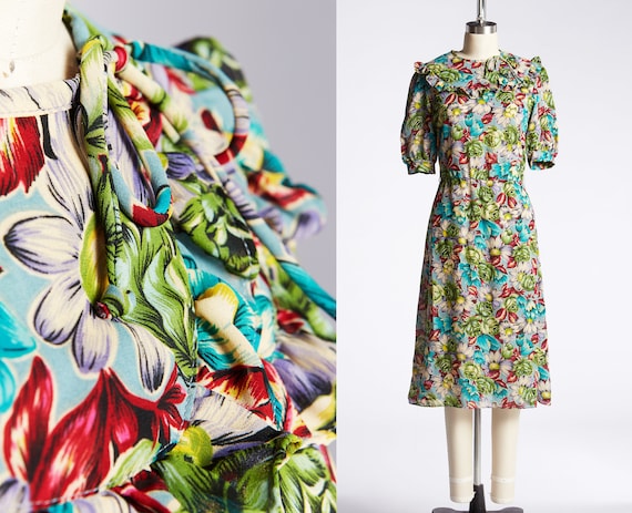 1980s Moulin Rouge, Blouson Dress, Rayon Floral, T