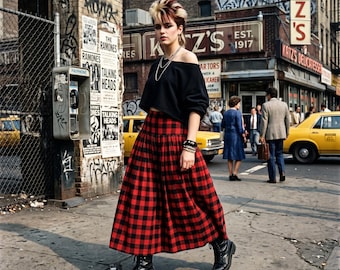 Gonna a ruota intera Rah-Rah di Norma Kamali, anni '80, a quadri rossi e neri, stile "Burnet Plaid".