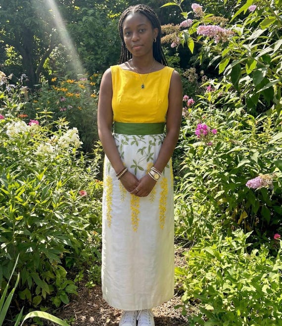 embroidered empire waist dress Romantic Yellow Regency Era Embroidered Dress With Ruffle