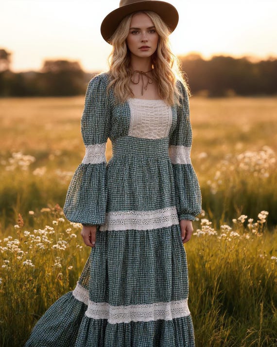1970s Gunne Sax Prairie Dress: Green Gingham Calico Maxi - Etsy Israel
