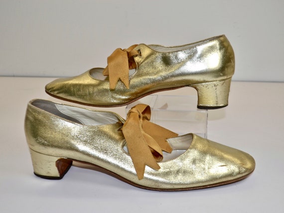1950s Capezio Gold Leather, Dance Shoes, Ribbon Ti