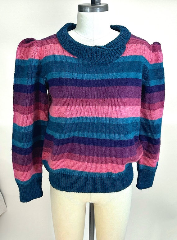 1980s Candy Stripe Puff Sleeve Sweater, Handknit, 