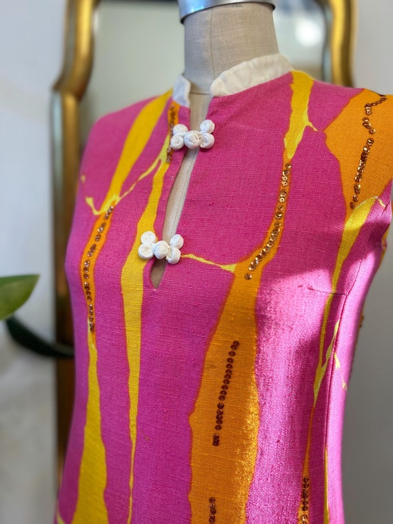 1960s Beachcomber Linen Maxi Dress, Cheongsam Styl