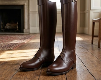 手作りのレザー製ポロライディングブーツ - ジッパー付きの背の高い乗馬ブーツ、ソックス1足無料プレゼント付き