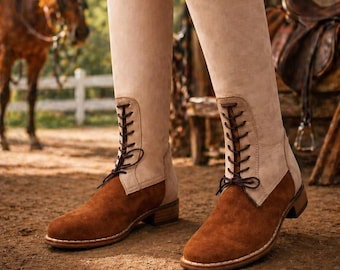 Botas altas de ante para mujer, botas de equitación bicolor, botas rústicas vintage con cordones, calzado de moda otoñal estilo cottagecore.