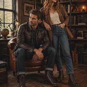 May include: A man in a brown leather jacket and dark wash jeans sits in a leather armchair. A woman in a brown blazer and blue jeans stands beside him. Both wear brown leather boots. The room has a bookshelf and a window.