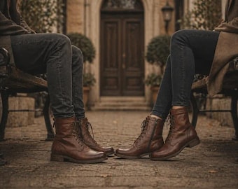 Brown Leather Ankle Boots for Men, Lace Up Vintage Boots, Casual Work Boot, Handmade Classic Footwear with free gift of Socks