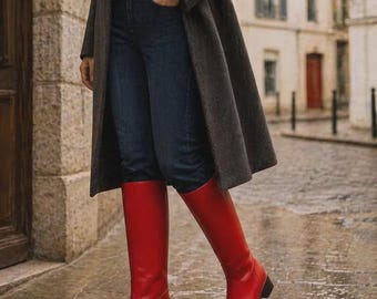 Botas altas de oficial estilo alemán hechas a mano / Piel roja, punta redonda, estilo militar vintage con calcetín de regalo.