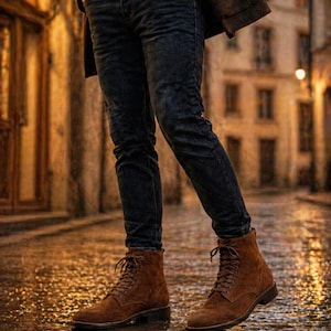 May include: Brown suede lace-up boots. The boots are worn with dark wash jeans and a brown jacket. The boots have a classic design with a rounded toe and a sturdy sole. The image is taken on a wet, cobblestone street.