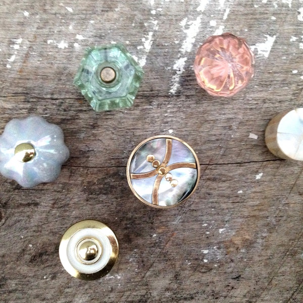 Eclectic Collection of 6 (Six) Knobs / Reflection Collection / Brass, Glass, Ceramic and Mother of Pearl