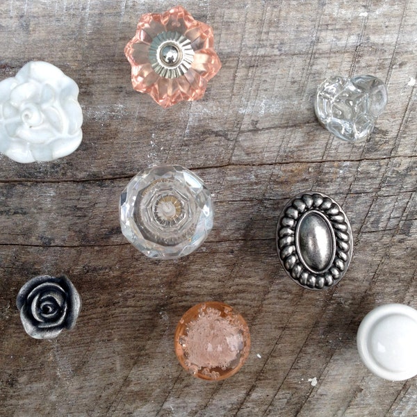 Eclectic Collection of 8 (Eight) Knobs / Pretty in Pink Collection / Weathered Nickel, Ceramic Rose, Pink Bubble Glass