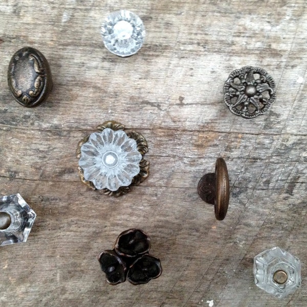 Eclectic Collection of 8 (Eight) Knobs / Antique Brass, Oil-Rubbed Bronze, Glass and Acrylic