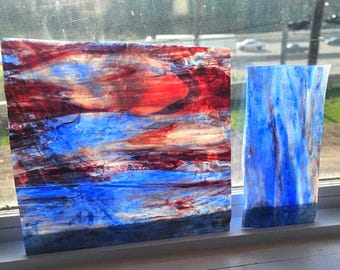 Red White, and Blue Mottled Rare Vintage Lins Stained Glass Lampmaker Panel Suncatcher Mosaic Supply