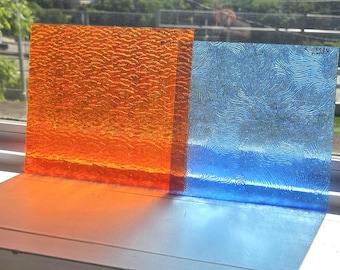 Fire and Ice Kokomo Pair KOG Orange Starburst OB and Peacock Blue Vertigo Stained Glass Sheets Lampmaker Mosaic Supply