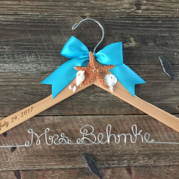 Beach Bridal Hanger, Wedding Hanger, Beach Bride Hanger, Beach Wedding, Seashell Hanger, Starfish Hanger, Personalized Hanger, Mrs. Hanger