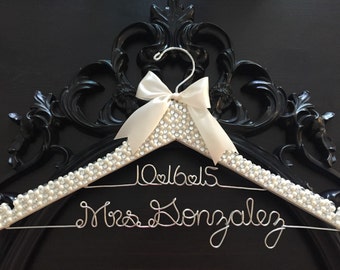 Brides Hanger / Bridal BLING Hanger with Wedding Date / Bling Hanger / Glamorous Wedding Hanger / Personalized Name Hanger / Pearl Hanger