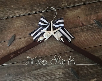 Beach Wedding Hanger, Bridal Hanger, Seashell Hanger, Beach Wedding, Mrs. Name Hanger, Starfish Personalized Hanger, Nautical Wedding