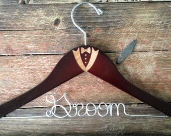 Groom Hanger, Groom Wedding Hanger, Bridal Hanger, Mens Tux Hanger, Personalized Hanger, Name Hanger