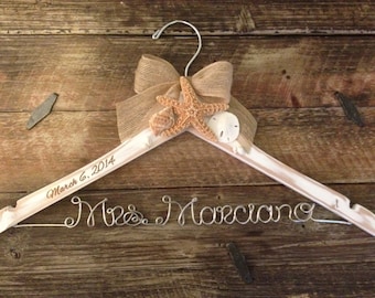 Distressed Beach Themed Wedding Hanger / Rustic Beach Bridal Hanger / Bride Hanger / Beach Wedding / Seashell Hanger / Personalized Hanger