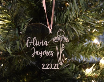 Birth Flower Christmas Ornament: Engraved Acrylic Newborn Gift