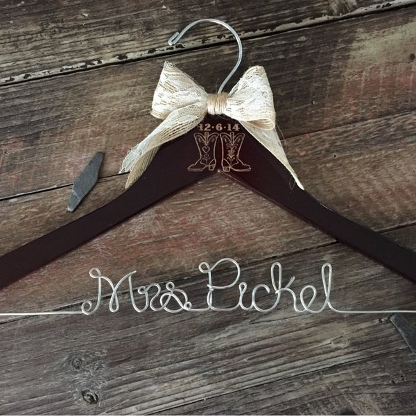 Western Cowboy Boots Wedding Hanger / Rustic Brides Hanger / Bridal Hanger / Country Wedding / Rustic Wedding / Personalized Hanger