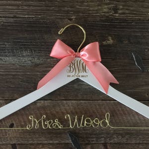 Wedding Monogram Hanger, Bride Hanger, Engraved Bridal Hanger, Monogram Wedding Hanger, Rustic Wedding, Gold Wire Hanger, Monogram Gift image 2