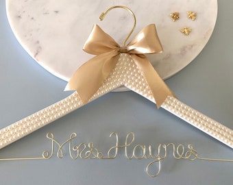 Bridal Hanger, Bride Hanger, Wedding Hanger, Pearl Covered Wedding Dress Hanger, Glamorous Hanger, Bride New Last Name Hanger, Pearl Hanger