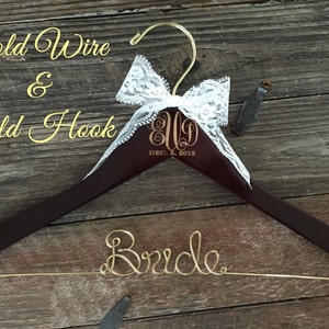 Wedding Monogram Hanger, Bride Hanger, Engraved Bridal Hanger, Monogram Wedding Hanger, Rustic Wedding, Gold Wire Hanger, Monogram Gift image 1