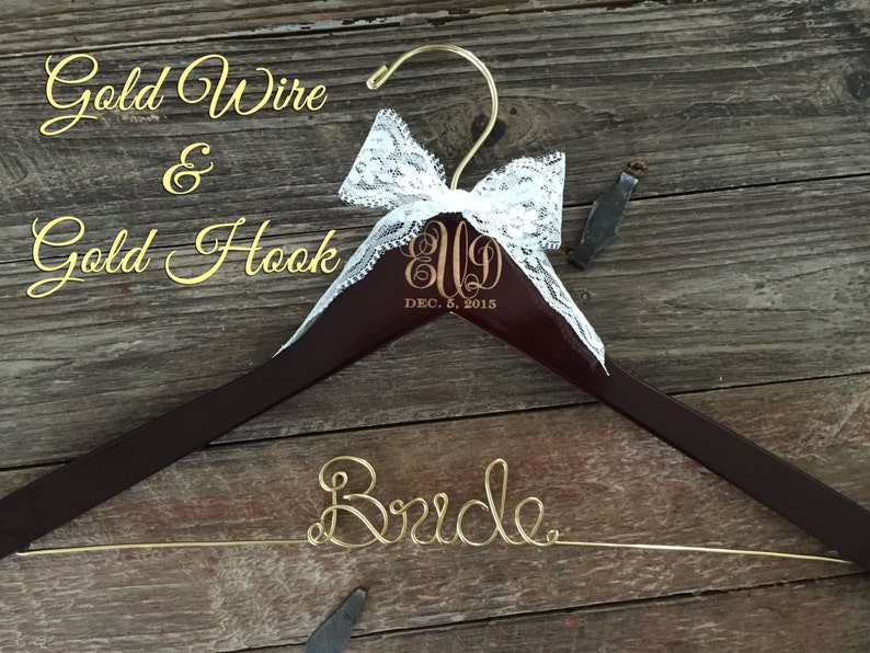 Wedding Monogram Hanger, Bride Hanger, Engraved Bridal Hanger, Monogram Wedding Hanger, Rustic Wedding, Gold Wire Hanger, Monogram Gift image 1