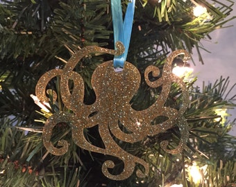 Octopus Christmas Ornament, Coastal Christmas Ornament, Christmas Ornament Gift, Glitter ornament, Coastal Christmas,