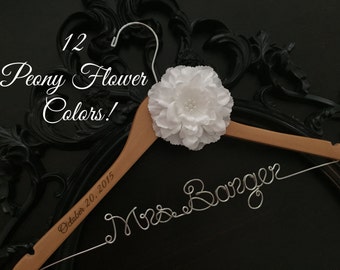 Flower Wedding Dress Hanger, Bride Hanger, Name Hanger, Mrs. Hanger, Wedding Hanger, Personalized Bride Gift, Peony Flower Bridal Hanger