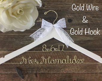 Gold Wire Wedding Hanger, Bridal Hanger, Personalized Bride Hanger, Gold Wedding, Brides Hanger, Mrs Hanger, Name Hanger, Personalized Gift