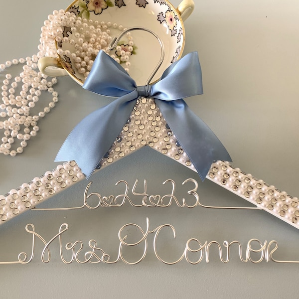 Bride Hanger, Rhinestone Wedding Hanger, Bling Hanger, Glamorous Wedding Hanger, Personalized Name Hanger, Pearl Covered Hanger