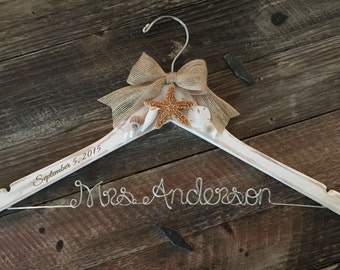 Distressed Beach Themed Wedding Hanger / Rustic Beach Bridal Hanger / Bride Hanger / Beach Wedding / Seashell Hanger / Personalized