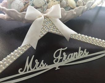 Bride Hanger, Bridal BLING Hanger, Bling Hanger, Rhinestone Wedding Hanger, Personalized Custom Name Hanger, Pearl Wedding Hanger,