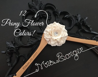 Flower Wedding Dress Hanger, Bride Hanger, Name Hanger, Mrs. Hanger, Wedding Hanger, Personalized Bride Gift, Peony Flower Bridal Hanger