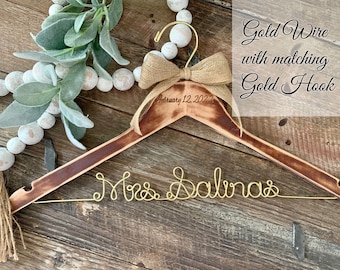 Gold Wire Wedding Hanger, Distressed Bride Hanger, Mrs Hanger, Bridal Shower Gift, Wedding Dress Hanger, Custom Hanger, Wedding Photo Prop