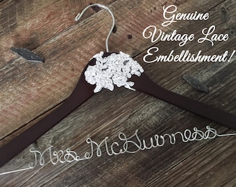 Vintage Lace Wedding Hanger, Bridal Hanger, Bride Hanger, Wedding Hanger, Rustic Hanger, Vintage Wedding, Personalized Hanger,Rustic Wedding