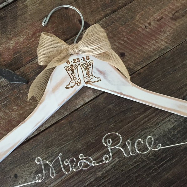 Cowboy Boots Wedding Hanger, Rustic Bride Hanger, Bridal Hanger, Country Wedding, Rustic Wedding, Personalized Name Hanger,Distressed Hanger