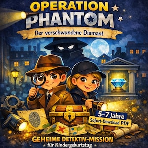 以下が含まれることがあります： 子供向け探偵ゲームのイラスト。タイトルは「OPERATION PHANTOM」で、ドイツ語のテキストが添えられています。2人の若い探偵が虫眼鏡と懐中電灯を持っており、宝箱とダイヤモンドも描かれています。