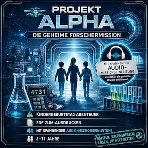 Könnte beinhalten: Ein digitales Spielplakat mit dem Titel PROJEKT ALPHA DIE GEHEIME FORSCHERMISSION zeigt drei Kinder, die auf ein leuchtendes Portal in einem Labor zugehen. Enthält ein Tastenfeld mit 4731, einen Glaskolben, Reagenzgläser und Text für ein PDF.