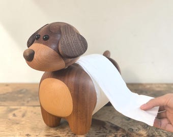 Hölzerner Welpen-Gewebehalter | 60er Jahre Papierrollenständer | Niedliches vertikales Taschentuch-Organisator-Dekor