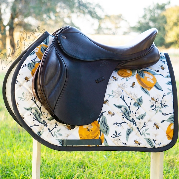 Custom Saddle Pad - White & Yellow Floral, Lemons, and Bees - English and Western